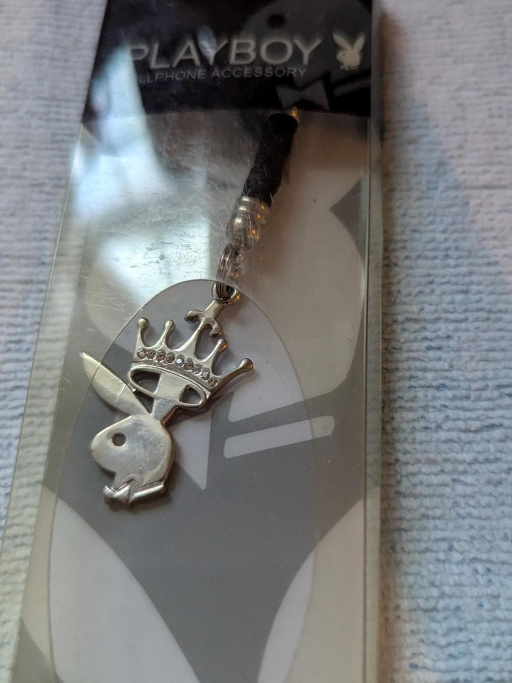 PLAYBOY Silver Crowned Bunny Charm on Black Cord